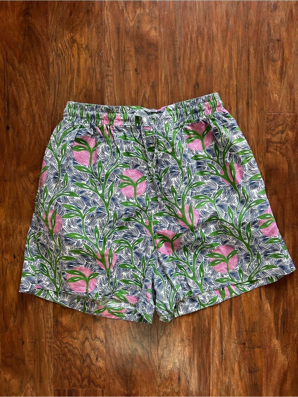 Women's Tropical Print Shorts in Pink & Green with Adjustable Drawstring